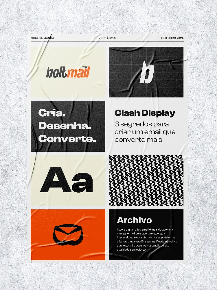 The Boltmail brand guide poster: wordmark, symbol, pattern, Clash Display and Archivo