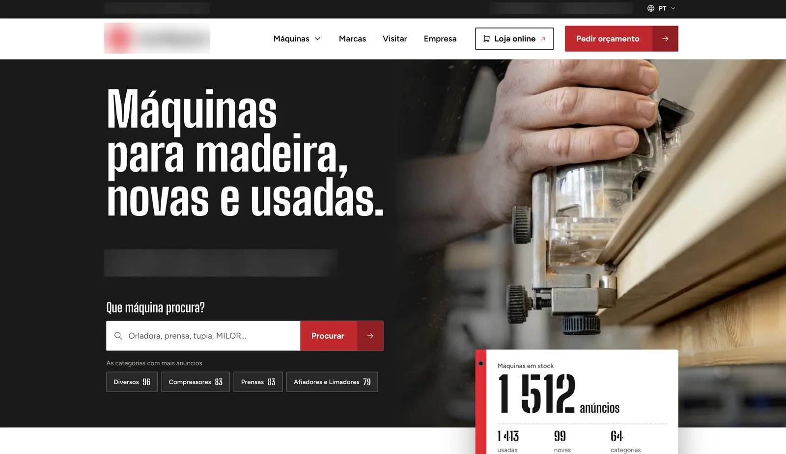 The homepage preview for the same company, name and logo blurred