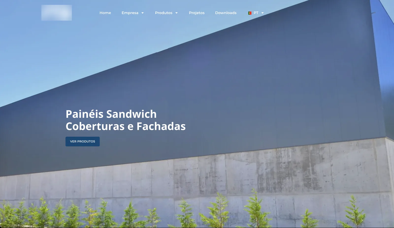 The current homepage of a sandwich panels company, name and logo blurred