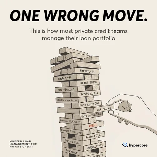 Redesigned Hypercore ad: a Jenga tower of spreadsheet files under the headline One wrong move