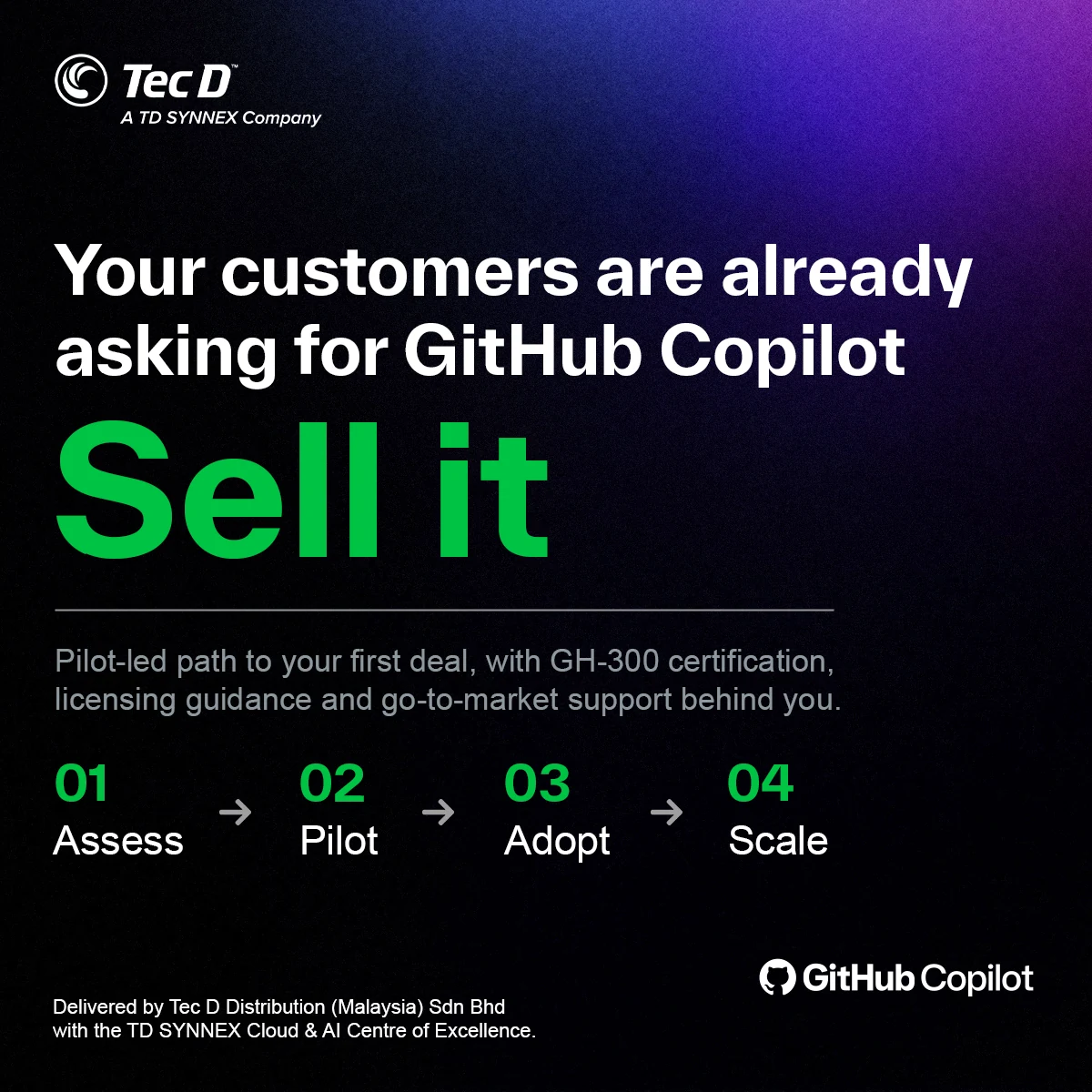 LinkedIn ad for Tec D, a TD SYNNEX company: Your customers are already asking for GitHub Copilot. Sell it