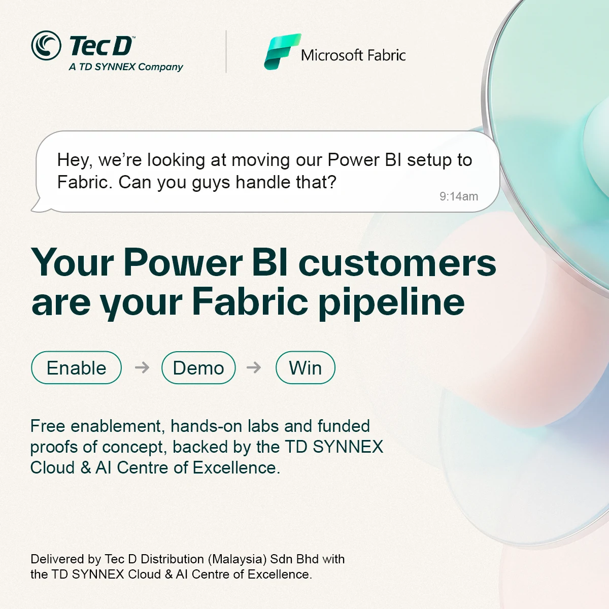 Tec D ad for Microsoft Fabric: a customer asks about moving Power BI to Fabric, above the headline Your Power BI customers are your Fabric pipeline