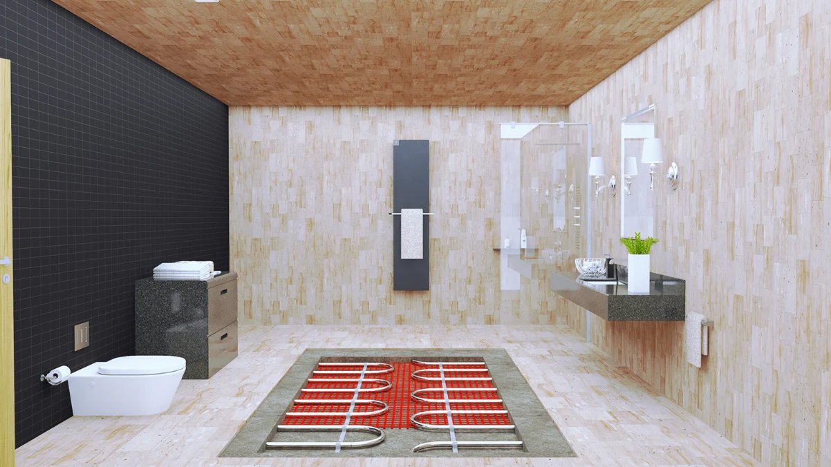 3D model of a bathroom with underfloor heating under the tiles