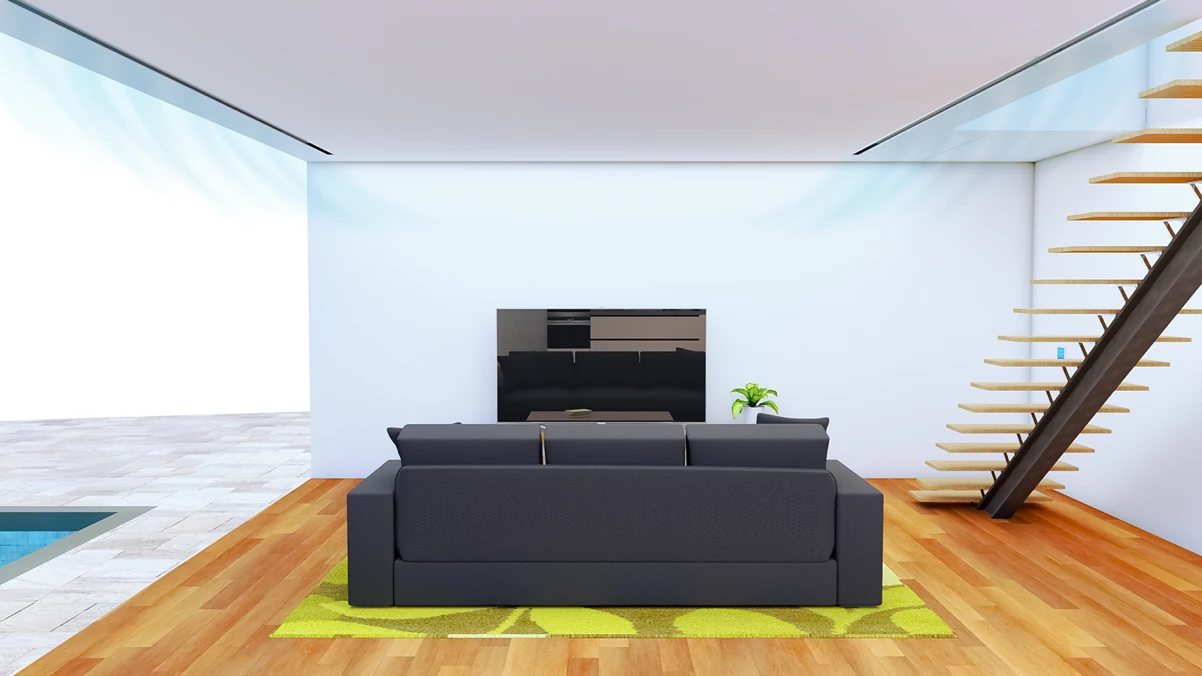 3D model of a living room with air conditioning airflow from the ceiling