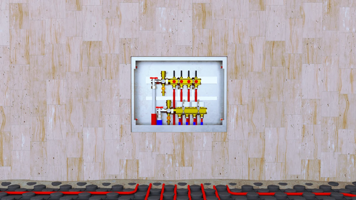3D model of an underfloor heating manifold in the wall, with the pipes under the floor