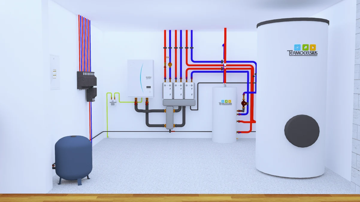 3D model of the technical room: the indoor unit, tanks and pipework, with the Termocelsius logo on the tank