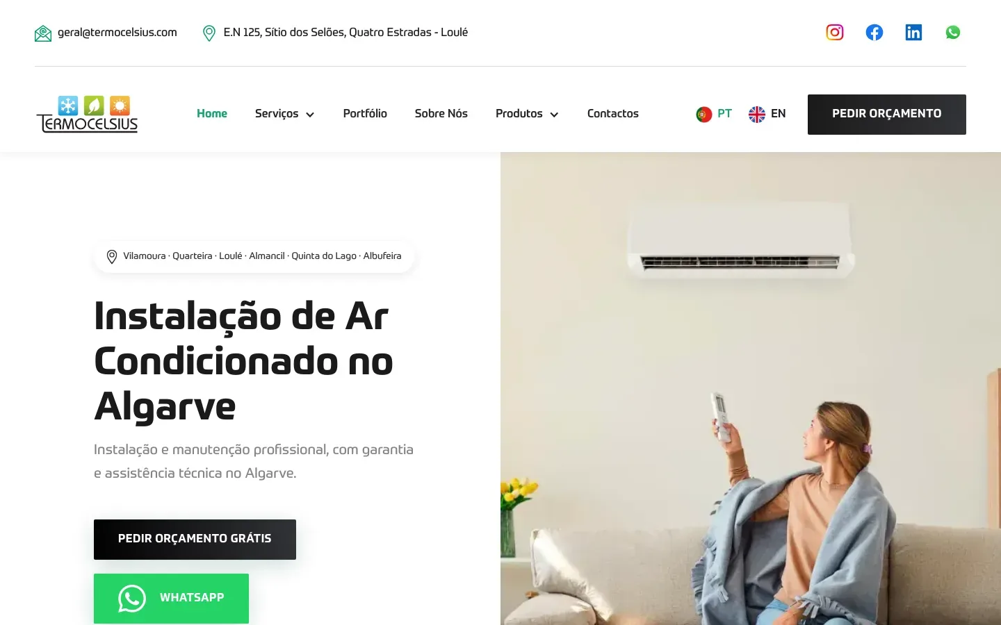 The new Termocelsius homepage: air conditioning installation in the Algarve, with a quote button