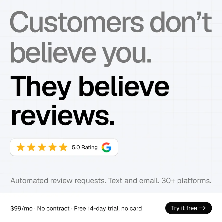 Trustivo ad to the brief: Customers don't believe you. They believe reviews. A 5.0 rating badge and the offer.