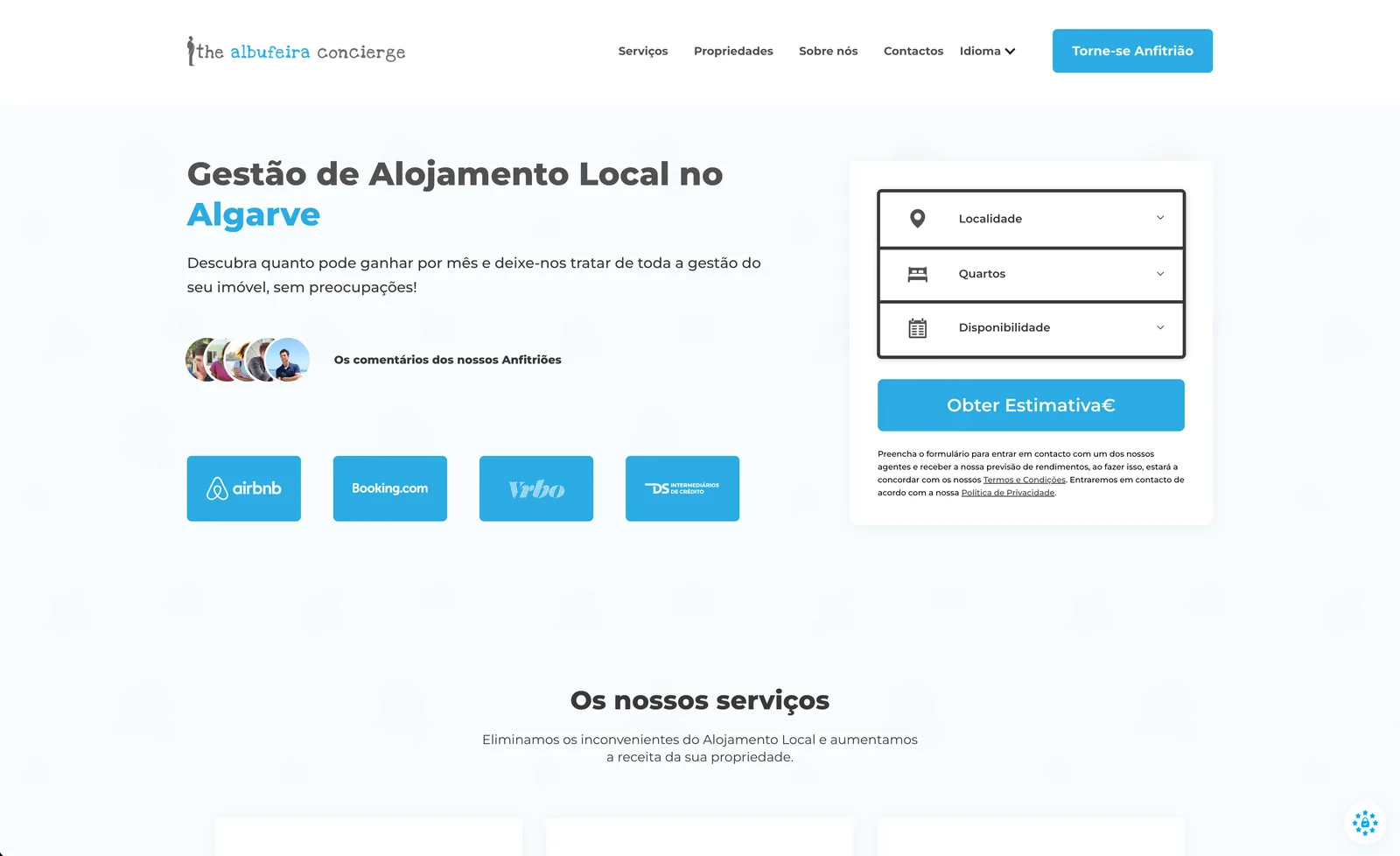 The Albufeira Concierge homepage: short-stay management in the Algarve, with the estimate form on the first screen